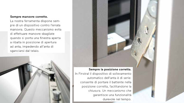 Ferramenta con dispositivi antierrori Immagine di catalogo della ferramenta interna all’anta di una finestra, che evidenzia un dispositivo meccanico in grado di bloccare l’errata apertura dell’anta