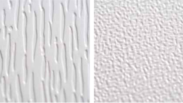 Superfici in PVC goffrate e satinate Immagine di catalogo di superfici in PVC: a sinstra l’immagine di una superficie goffrata (con linee irregolari in rilievo), a destra l’immagine di una superficie satinata (con puntinature irregolari in rilievo)