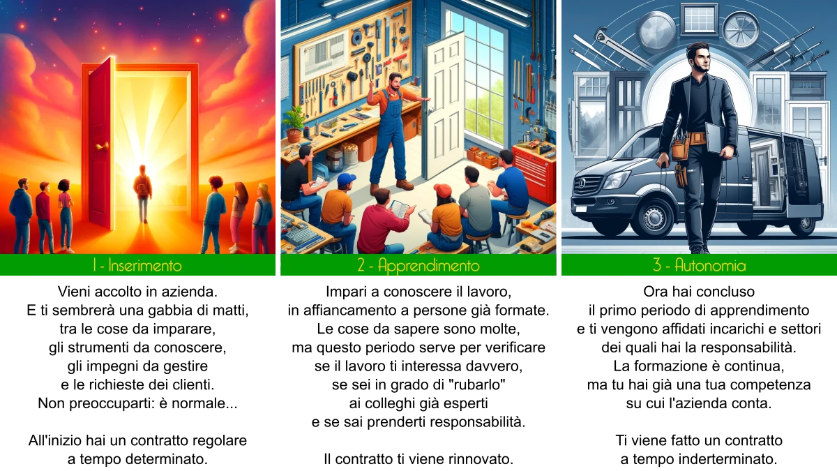 Infografica con i tre momenti fondamentali dell'inserimento in azienda: inserimento, apprendistato ed autonomia