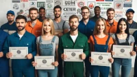 Foto di gruppo con i giovani che mostrano il proprio certificato