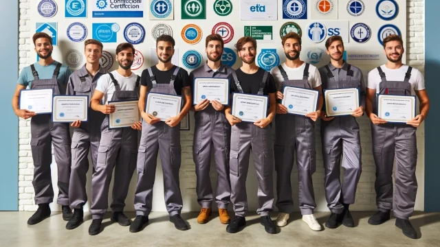 Foto di gruppo di giovani operai che mostrano le loro certificazioni. C'è un errore madornale!