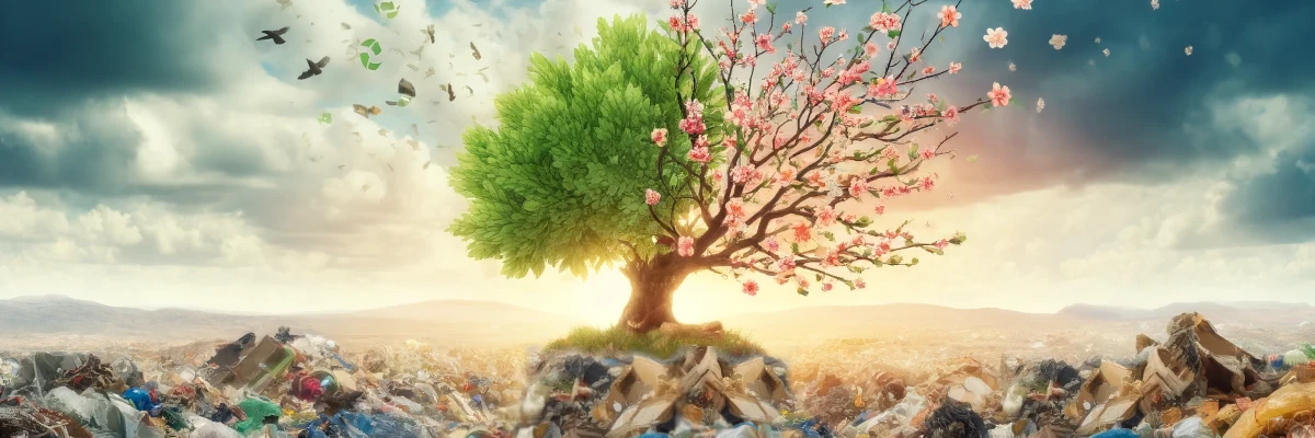 Un albero fiorito sorge da una discarica di rifiuti: il riciclo è il primo elemento per una società sostenibile