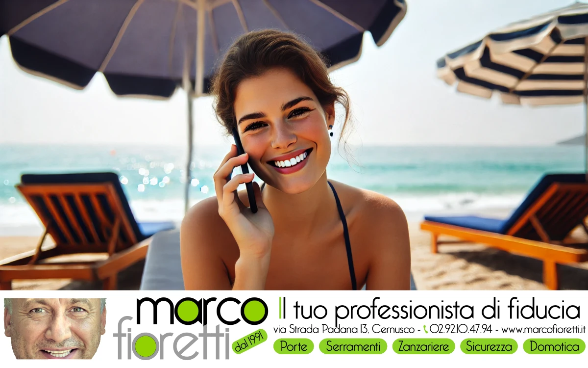 Anche se sei in vacanza, prendi un appuntamento! Donna che dalla spiaggia chiama con il cellulare. Anche se sei in vacanza, prendi un appuntamento!