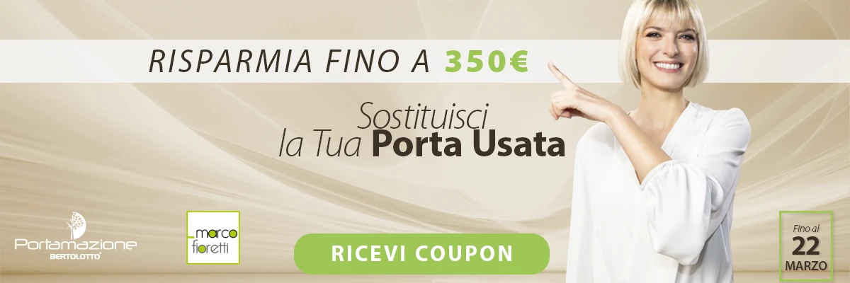 Le tue vecchie porte non vanno buttate via: puoi rottamarle e acquistare le nuove con uno sconto fantastico! Pubblicità di Portamazione 2025: una ragazza invita a sostituire la porta usata e a scaricare il coupon. Le tue vecchie porte non vanno buttate via: puoi rottamarle e acquistare le nuove con uno sconto fantastico!