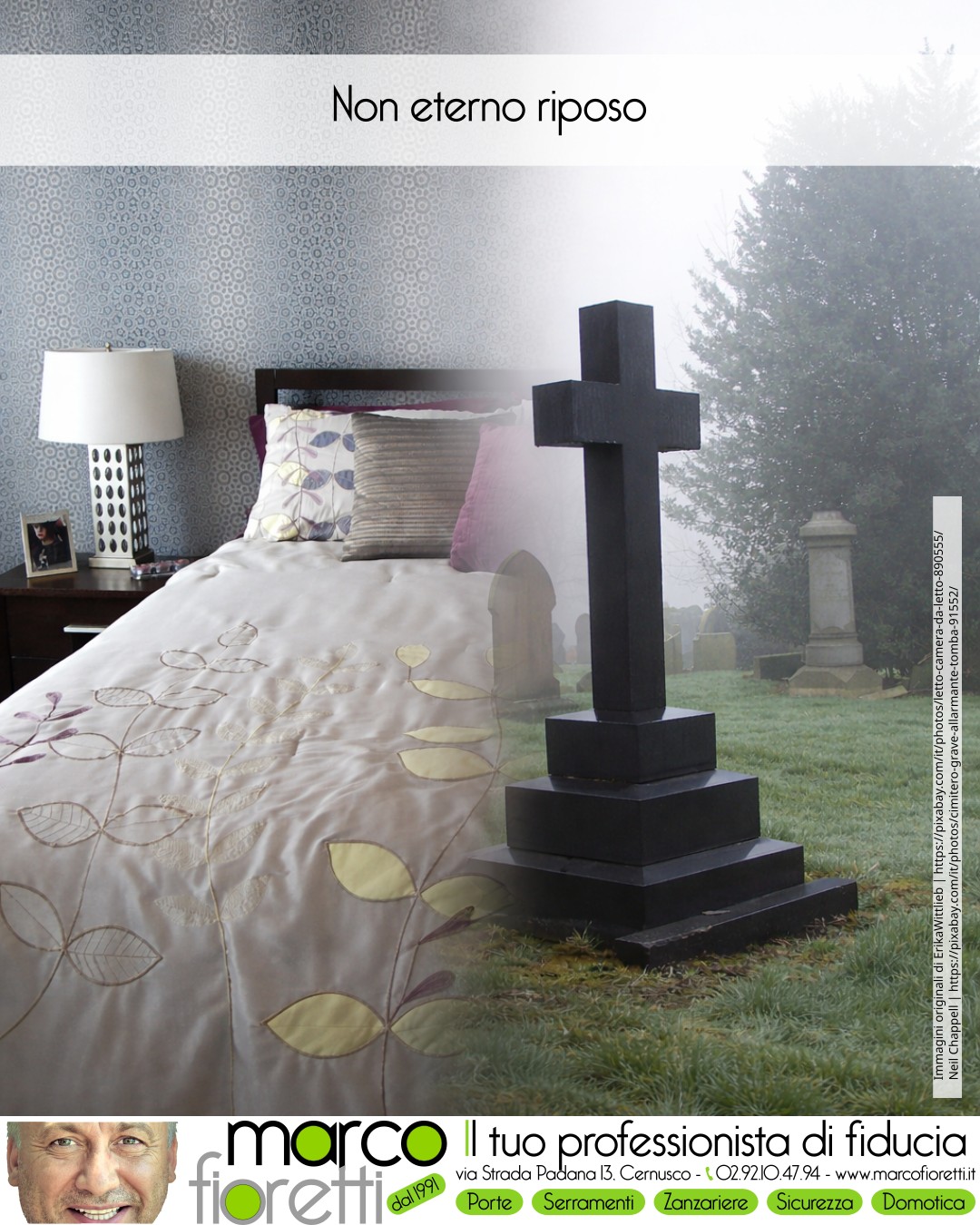 Fotomontaggio di un letto e di una tomba