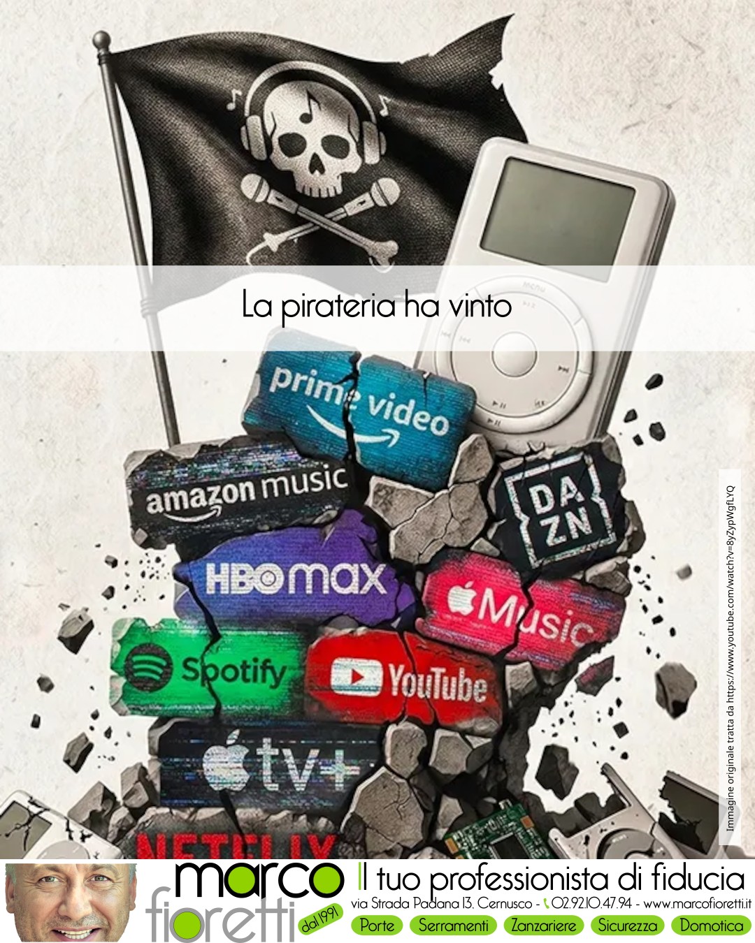 La pirateria è un reato. Ma anche certe pratiche commerciali non sono troppo limpide... Immagine sulla pirateria con piattaforme streaming distrutte e bandiera pirata