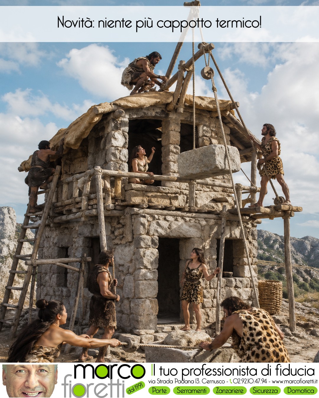 Scena fantastica di costruttori dell’età della pietra al lavoro su una casetta in pietra Scena fantastica di costruttori dell’età della pietra al lavoro su una casetta in pietra