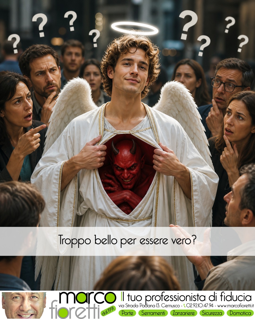 Personaggio angelico rivela un diavolo nascosto davanti a persone confuse.