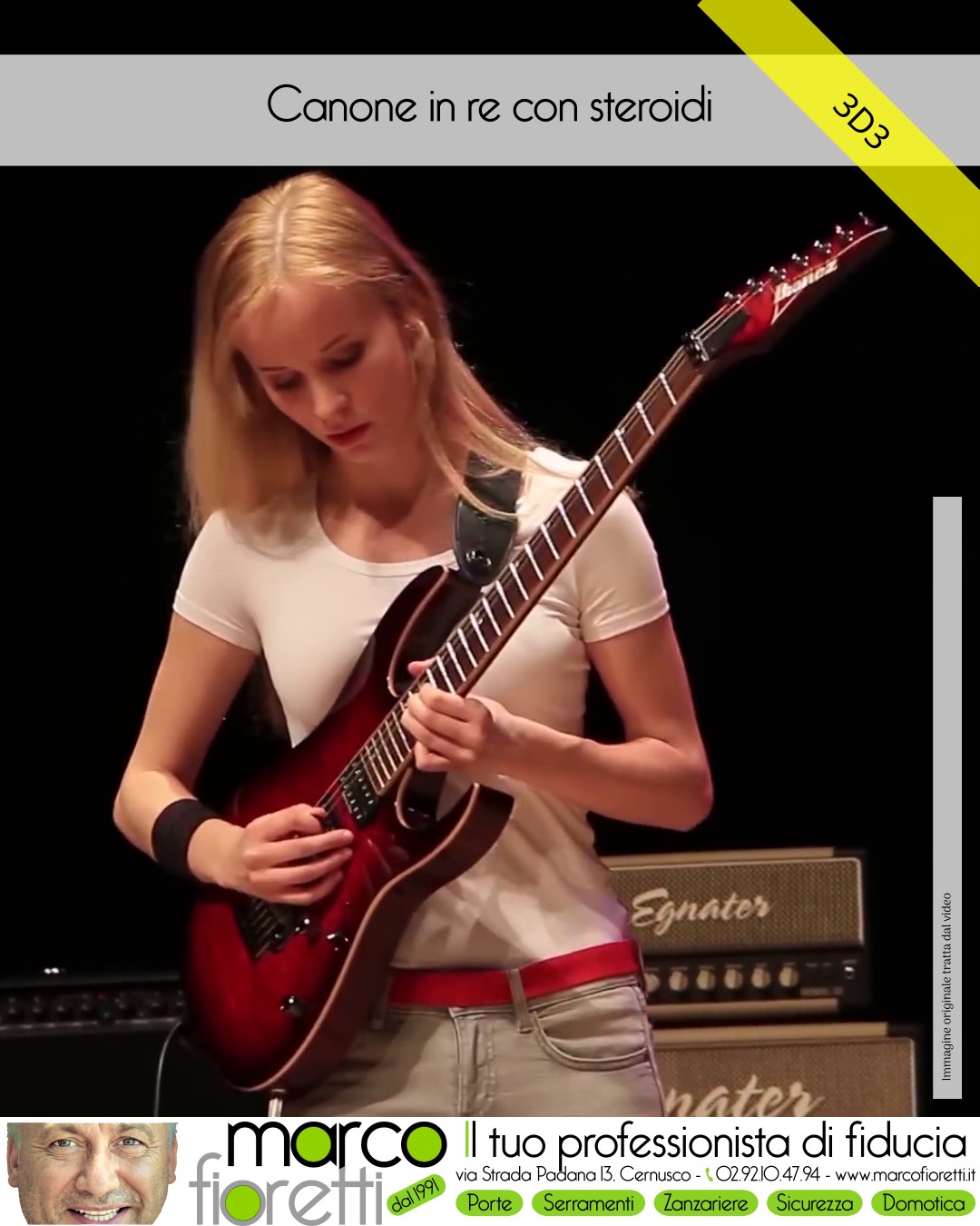 Giovane chitarrista suona una chitarra elettrica in una versione rock del Canone in re.